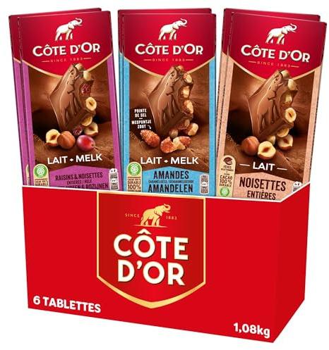 Cote D'Or - Bloc Lait - Lot de 6 Tablettes de Chocolat au Lait - 3 Recettes : Lait Noisettes (x2), Lait Amandes Caramélisées (x2), Lait Raisins Noisettes (x2) - Lot de 1,08kg