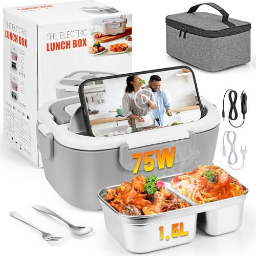 Électrique Gamelle Chauffante Boîte à Lunch 75W Lunch Box Gamelle Chauffant Boite Repas Alimentaire 3 en 1 220V 12V 24V en Acier Inoxydable Thermique Amovible Convient pour Voiture Camionet
