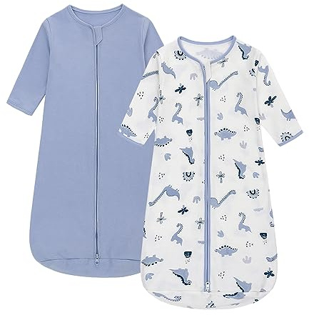 Pack de 2 sacos de dormir para bebé, manta portátil de 100% algodón, saco de dormir de manga larga para niños de 0 a 18 meses (azul + dinosaurio, M)