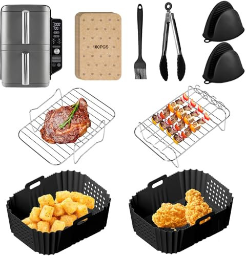 FJNATINH Airfryer Zubehör für Ninja Double Stack XL SL400EU 9,5L,Reusable Ninja Airfryer AccessoriesMit Bürste, 100pcs Ölpapier, Handclip, Lebensmittelclip