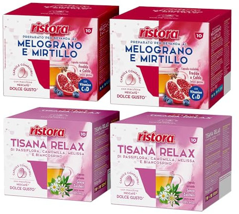 Set 80 Capsule Ristora Compatibili con le Macchine ad uso domestico Nescafè®* Dolce Gusto®* 40 Melograno e mirtillo 40 Tisana relax