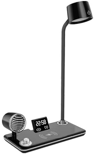 Suprills 4 in 1 Wireless iPhone Charger LED Desk lamp,Bedside Table Lamp with Bluetooth Speaker for Music & Clock Alarm, Touch Control, Adjustable Gooseneck, Dimmable Eye-Caring LED Light (Black)