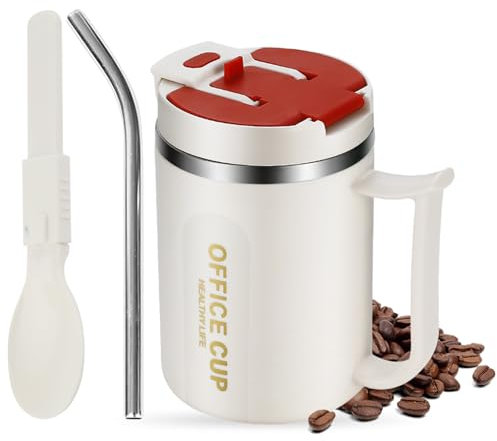 Kytpyi Tazas de Cafe, 500ml Moda Termo Cafe Acero Inoxidable con Tapa 1 Cuchara Plegable 1 Pajita para Casa Escuela Oficina (Rojo)