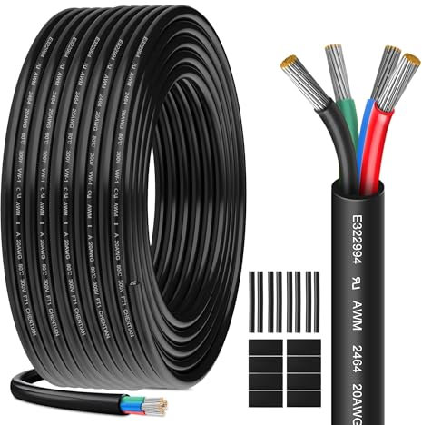 Câble électrique 20AWG 4 x 0,52mm² UL2464-20 mètres -Câble 4 conducteurs en cuivre étamé -300V- Idéal pour éclairage LED automobile,éclairage domestique et appareils extérieurs