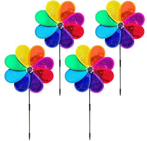 Mineup 4 Stück Windspiel Blume Windrad, 30cm Reflektierende Windräder, Vogelabwehr Windrad, Regenbogen Sparkly Windmühle, Windrad Blume,Windrad Garten Für Balkon Garten Obstgarten Hof Dach