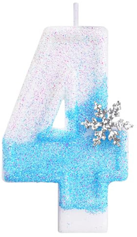 Alaoo Geburtstagskerzen Zahlen 4, glitzernde Zahlenkerze Geburtstag, 3D Blue White mit Schneeflocke Geburtstagskerzen, Kuchen Topper Dekoration Kuchendeko Geburtstag, Partyzubehör