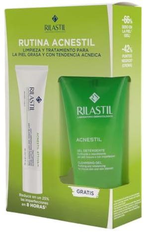 Rilastil Acnestil Routine-Paket, Reinigungsgel 50 ml und Attivcreme (+) 40 ml, spendet Feuchtigkeit, beugt und reduziert Unvollkommenheiten und reinigt ohne Austrocknen, geeignet für Mischhaut