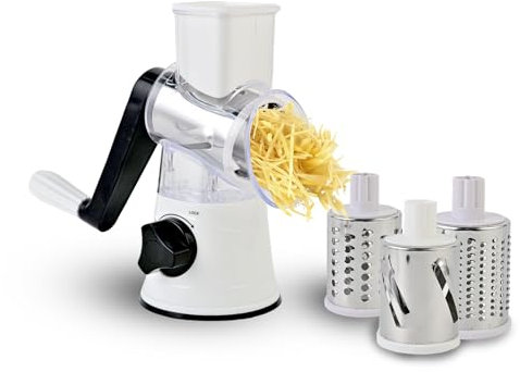 Rotary Cheese Grater, Vegetable Slicer with 3 Interchangeable Stainless Steel Drum Blades, Effortless Slicing and Dicing, 3-in-1 Handheld Vegetable Choppe for Cheese, Vegetables and Nuts(White)