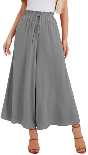 WUWUSKY Jupe Culotte Femme Pantalon Large Taille Haute Pantalon d'Été Léger Infroissable de Plage avec 2 Poches pour Quotidien et Soirée, 01 Gris Clair, 3XL