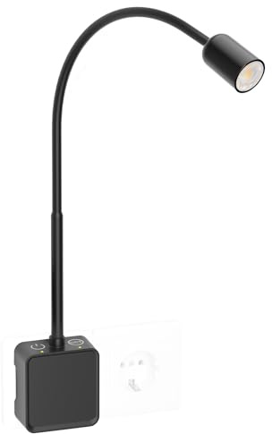 PRINCEWAY Lampada da Lettura Applique da Parete Faretto LED Dimmerabile Nera con Spina per Leggere a Letto, Interruttore a Due Tocchi, 3 Modalità di Colore Illuminazione, Angolo di Luce 50°
