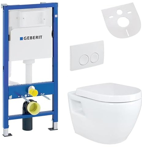Belvit Hänge WC Komplettset + Duofix Basic Vorwandelement + Spülrandlose Wand Toilette Weiß aus Keramik + Toilettendeckel mit Absenkautomatik + Betätigungsplatte + Schallschutz
