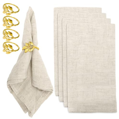 Stoffservietten, Weihnachten Leinenservietten, 8er Pack Set (4 Stück Baumwoll Servietten + 4 Stück Serviettenringe) für den täglichen Gebrauch/Küche/Zuhause/Party/Hochzeiten 40x40cm