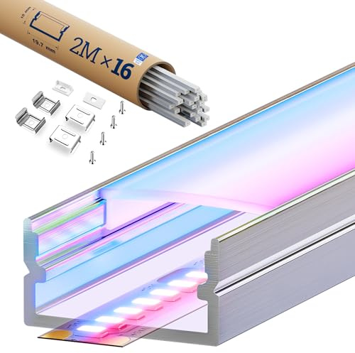LED Aluminium Profil 2m x 16 für Led-Streifen bis 17mm, U‑Form LED Profil mit milchigem PC-Diffusor, Endkappen und Metallclips, ideal für indirekte Beleuchtung an Decken, Trockenbau, Gipskartonwänden