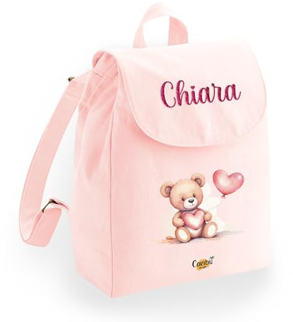 Caribu design Zainetto Bambino Bambina 100% Cotone Organico Personalizzato con Nome - Zaino Piccolo da Bimbo - Cartella Personalizzabile per Scuola Asilo Materna Sport Gite Viaggi 22x30x12 cm (Rosa)