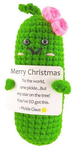 ALUNME Christmas Pickle Ornament, Handmade Crochet Decoration with Encouragement Card - Funny Merry with Festive Wishes for Friends, Family, Tree Decor ﻿