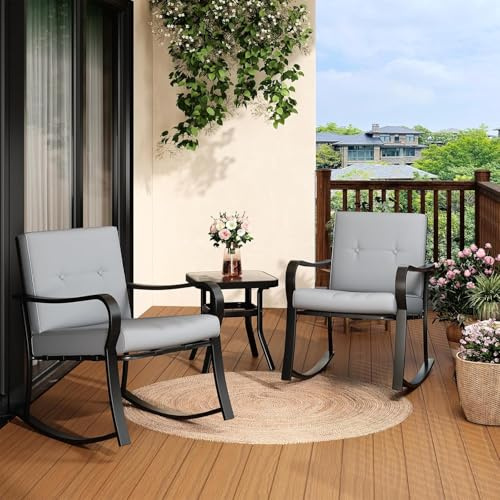 GarveeMore Gartenmöbel-Set, Balkonmöbel, 2 Schaukelstühle Mit Tisch, Gepolsterte Kissen, Terrassenmöbel, Gartengarnitur, Sitzgruppe Für Balkon, Garten, Terrasse