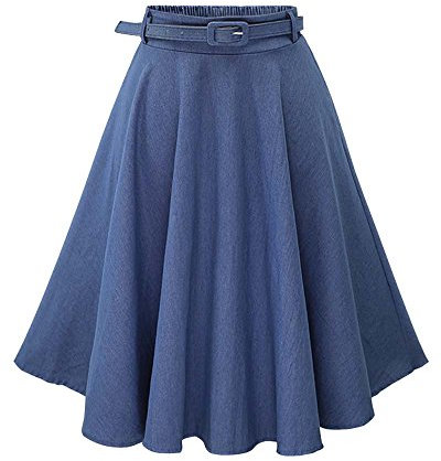 SaiDeng Damen Rock Jeansrock Faltenrock Midirock A-Linie Mit Gürtel Denim Knielang Plissee Rock Hellblau