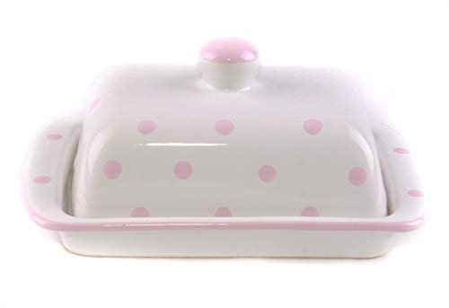 UNGARNIKAT Beurrier en céramique blanc à pois peints à la main - 250 g de beurre (rose)