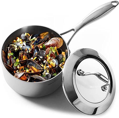 HOMICHEF Cazo de acero inoxidable sin níquel pulido espejo con tapa de vidrio (16 cm, 1.7 litros) - Recubrimiento antiadherente no tóxico, revestido en su totalidad de 3 capas