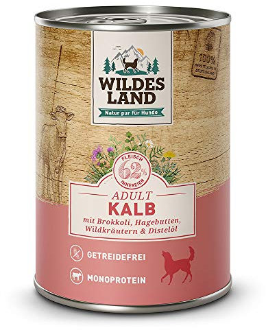 Wildes Land - Nassfutter für Hunde - Kalb - 6 x 400 g - mit Brokkoli, Karotten, Hagebutte, Wildkräutern & Distelöl - Glutenfrei - Extra viel Fleisch - Beste Akzeptanz und Verträglichkeit