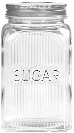 Tala Glass Storage Canister for Sugar, Clear Ribbed Glass Container with a Capacity of 1250 ml, with screw top lid this jar is Ideal for storing all sugar types cubed or granulated
