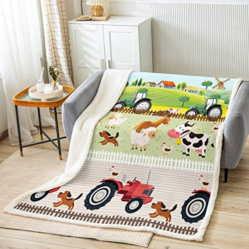 Kinder Karikatur Bauernhof Tiere Decke 150x200cm Kleinkind Niedliche Traktoren Wohndecke für Jungen Kinder Bauernhaus Land Kuscheldecke Bunte Raumdekor Natur Thema Flanell Fleecedecke