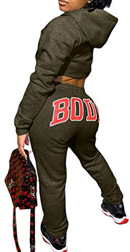 Felcia Frauen Brief Langarm Sport Outfits Herbst und Winter Fronttasche Hooded Crop Top + Hose Sportswear Anzug, A-grün, 46