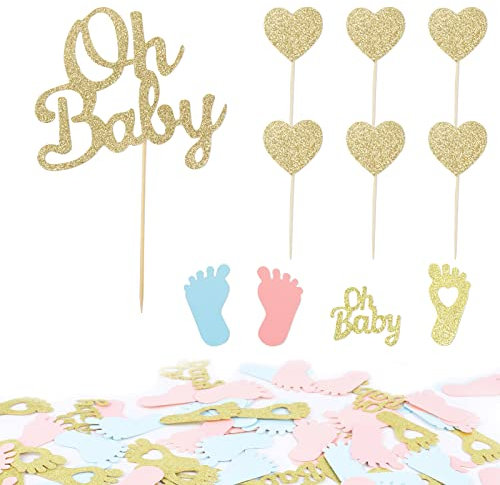 107 Pcs Babyparty Tortendeko Glitzer 1 Stk Torten Topper Oh Baby 6 Cupcake Topper Herzen Gold 100 Pcs Baby Kleine Füße Konfetti Blau Pink Gold Torten Tisch Dekoration für Geburtstag Taufe