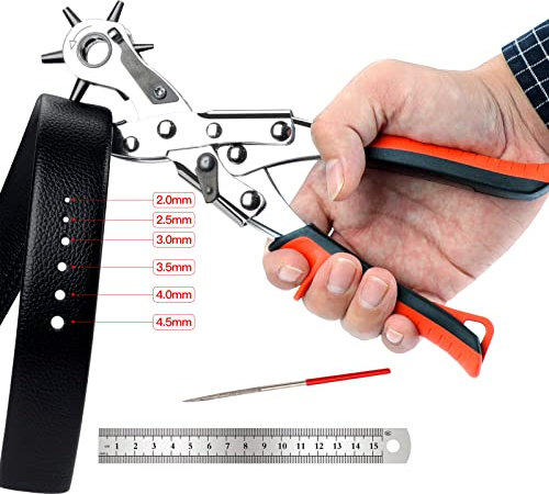 AIRAJ PRO Leather Hole Punch,Belt Puncher Heavy Duty with 6 Round Holes,Revolving Plier Tool Hole Punch Set,Suitable for Belts,Bands,Straps,Pet Collars,Cards,Saddles,Shoes,Cards