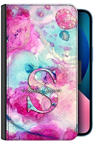 Personalised Phone Case For Apple iPhones, 15, 14,13, 12, 11, Pro Max, Mini, XR, XS, SE, Custom PU Leather Flip Phone Cover, Initial Name Pink Blue Swirl Marble Phone Case, Initial Phone Case