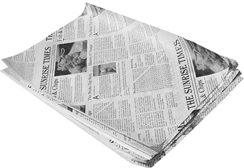 Sunrise Packaging 50 x Large Newspaper Printed Greaseproof Sheets, 250x375 mm, 34 GSM, Disposable Food Wrap Paper, Basket Liner, Food Packing, Serving, Burger Wraps