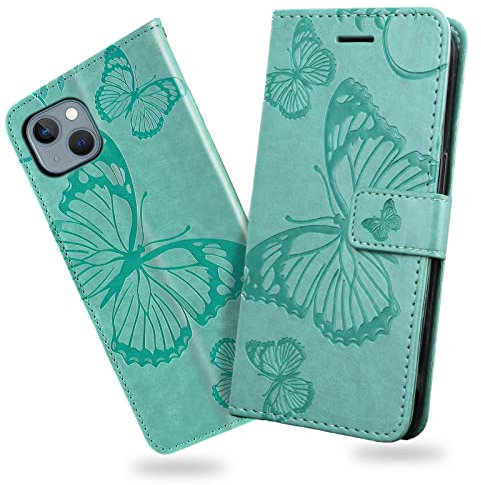 DENDICO Cover per iPhone 13, Portafoglio Custodia in PU Pelle per iPhone 13, Antiurto Cover a Libro con Slot per Carte, Verde