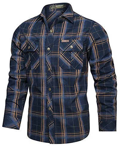 Casual Shirt Herren Basic Frühling Kariert Shirt Herren Revers Klassisch All-Match Langarm Shirt Herren Lose Einfachheit Jugend Taschen Shirt Herren B-Blue XXL