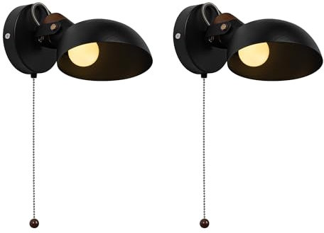 Aisilan 2er Schwarz Wandlampe mit Zugschalter, Vintage Stil Holz und Metall Retro Industrie Schwenkbar Wandlampe mit E14 Leuchtmittel, für Schlafzimmer, Wohnzimmer, Treppen