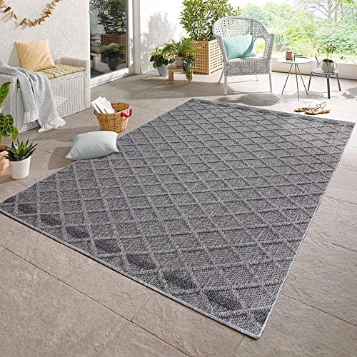 Carpetsale24 In & Outdoor Bouclé Teppich wetterfest Grau 120x170 cm Skandinavische Rauten Design 3D Hoch Tief Effekt für Wohnzimmer Esszimmer oder Balkon