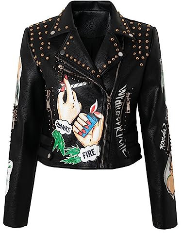 Alloaone Stilvolle PU-Lederjacke Mit Farbspleißdruck Für Damen Schlanke Kurze Streetwear Punk-Niet-Bikerjacke Black XL