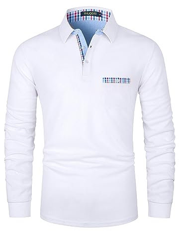 VHUQGVU Poloshirt Herren Langarm Baumwolle Slim Fit Klassisch Kariertes Patchwork T-Shirt Golf und Tennis Sport Tops,Weiß,L