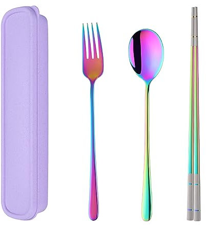 SBOMHS Stainless Steel Portable Travel 3-Piece Cutlery Set with Case Fork Spoon Chopsticks for 1 Camping Flatware for School Picnic Utensils Rainbow