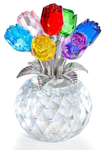 Crystal Colourful Rose Flower Collectible Figurine Ornament with Vase, Rose Bouquet Floral Romantic Gifts for Wife Women on Valentine's Anniversary Christmas