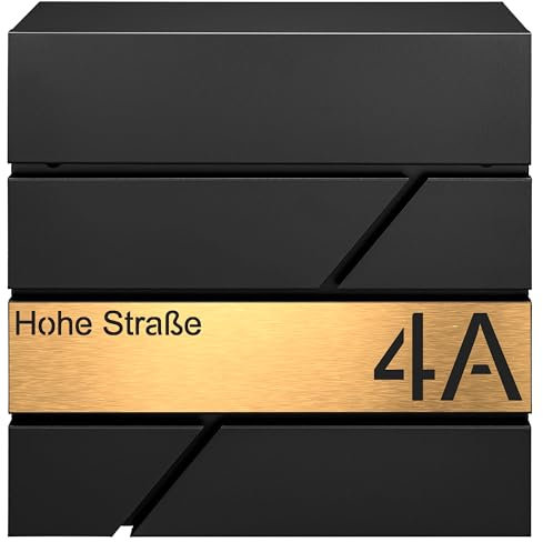 MTEC Design Schwarz Briefkasten mit Hausnummer & Ihre Namen Gravur Personalisiert, Wandbriefkasten mit Extra Zeitungsfach, Briefkasten Groß, Golden, (Gold 5)