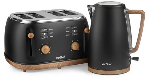 VonShef Kettle and Toaster Set Black – Nordic 1.7L Rapid Boil Kettle 3000W & 4 Slice Wide Slot Toaster 1500W with 6 Browning Controls & High Lift - Fika Range