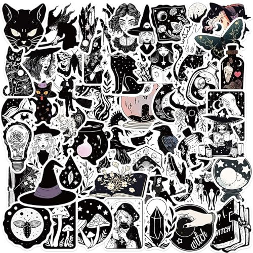 Hexe Sticker,50 Stück Schwarz Weiß Sticker Set Wasserfest Graffiti Aufkleber,Witchy Sticker für Laptop Skateboard Koffer Helm Auto Fahrrad Handy Scrapbook,Geschenk für Kinder Teenager Erwachsene
