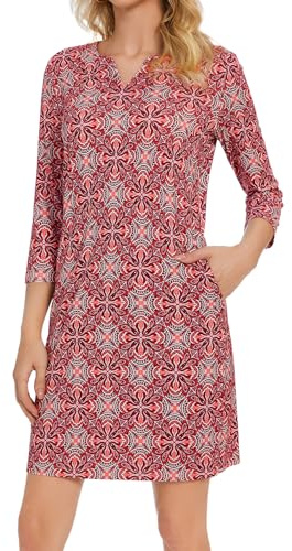 Lightbare Damen Kleid mit 3/4-Ärmeln und Taschen, LSF 50+, lässiges Sonnenkleid, atmungsaktiv, schnell trocknend, für Strand, Wandern, Outdoor, Party, Persisches rotes Medaillon, X-Groß