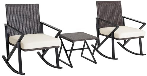 LIFEZEAL Gartenmöbel Set mit Kissen, Schaukelstuhl mit Rattan-Tisch, Terrassenstuhl mit Armlehnen, Balkonmöbel belastbar bis 160 kg, Gartensitzgruppe für Terrasse, Balkon