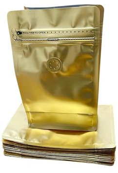 Gold Resealable Coffee Bags with Degassing Valve for Coffee and Tea Storage Bag with bonus Measuring Coffee Spoon Clip (Gold)
