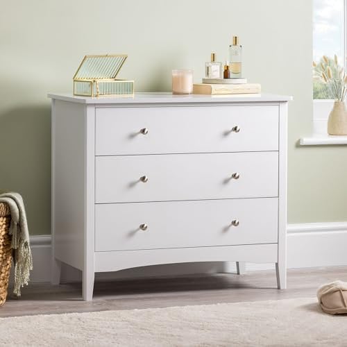 CHRISTOW White Chest Of Drawers, 3 Drawer Storage Organiser Unit, Modern Wooden MDF Bedroom Cabinet Furniture, Living Room Hallway, Brushed Chrome Handles, Smooth Glide Runners (70cm x 80cm x 40cm)