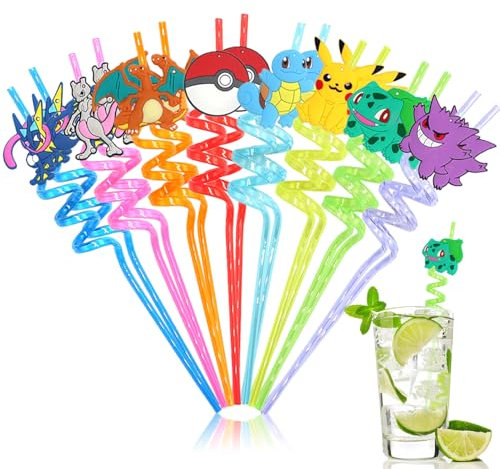 16 Pièces Bouclés Pailles, Paille Plastique Reutilisables, Pailles Plastique, Paille Enfant, Pailles Cartoon, pour Cocktails Plage, Piscine, Fête, Décorations d'anniversaire Couleurs Assorties