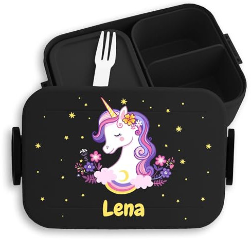 Kinder Bento Box Midi für Mepal Bentobox - Einhörner - Brotbox süßes Einhorn Lunchbox Unicorn I - 900 ml - Schwarz - brotdose mädchen personalisierte brotboxen einhörnern süsses