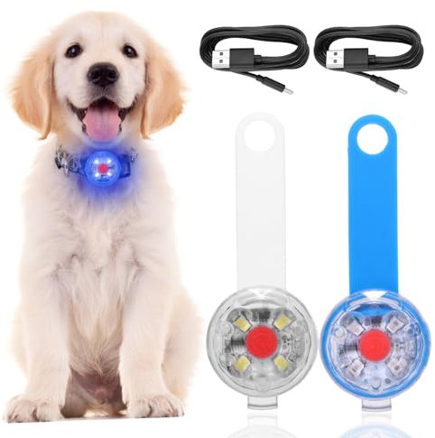 2 Stück Sicherheit Haustier Lichter, USB Wiederaufladbar LED Licht Leuchtanhänger Hund, 3 Blinkmodis Wasserdichte Blinklicht Hund für Hunde, Katzen(blau+weiß)