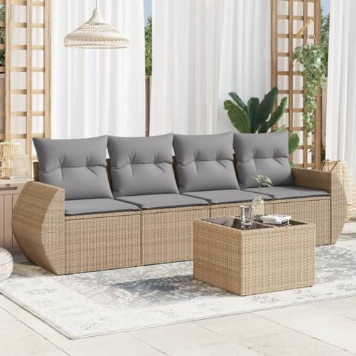 ULUYYUC 5-TLG. Garten-Sofagarnitur, Schlafsessel Mit Bettfunktion Eckbankgruppe Ecksofa Balkonmöbel Geeignet für Garten Balkon Hinterhof Außenbereich mit Kissen Beige Poly Rattan